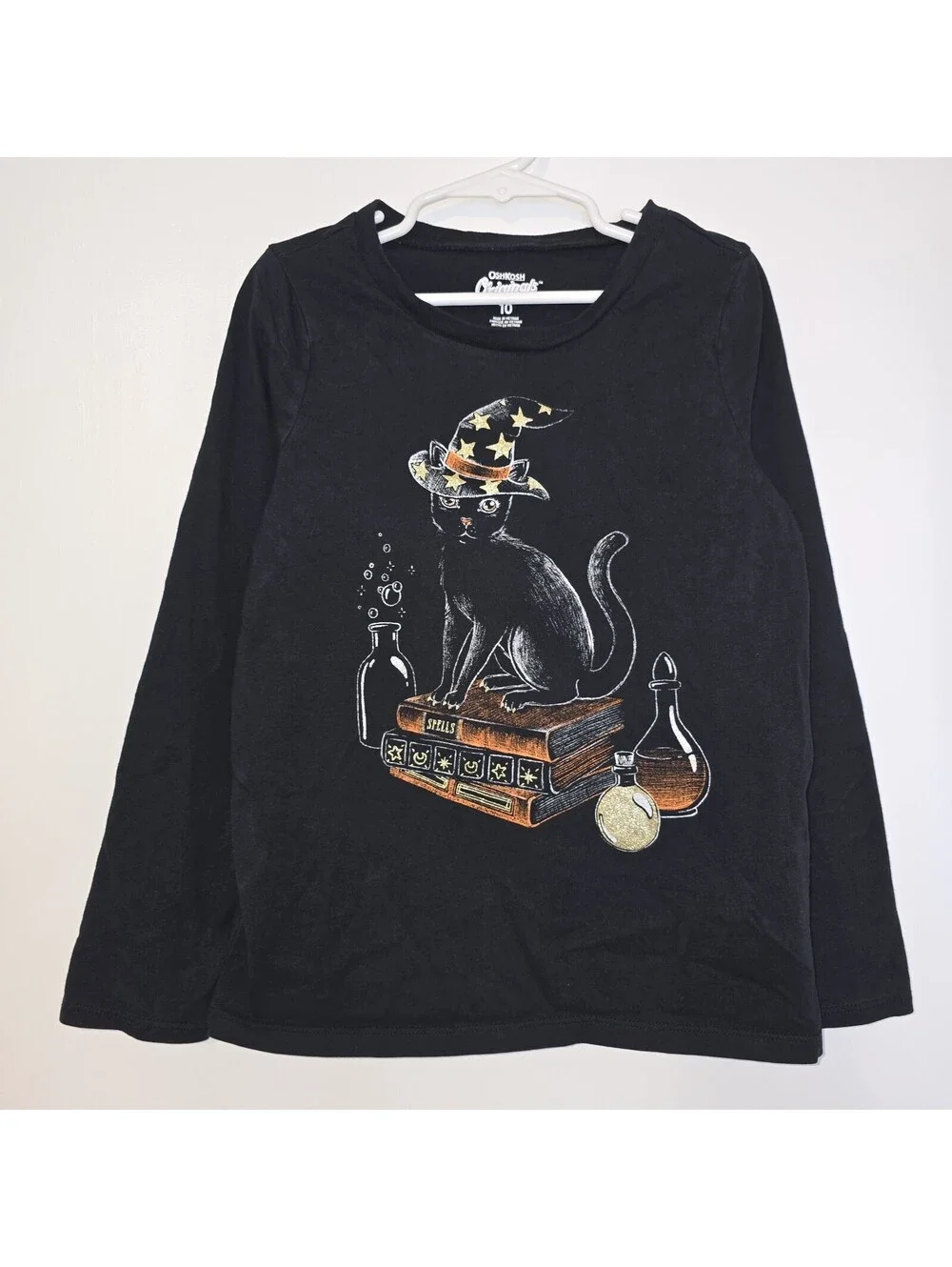 OshKosh B'gosh Girls Halloween Long Sleeve Sz 10 T-Shirt Witchy Cat Spellbook